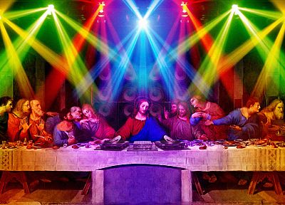 multicolor, funny, DJs, rainbows, The Last Supper, Jesus Christ, sacreligious - desktop wallpaper
