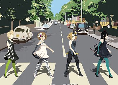 Abbey Road, K-ON!, Hirasawa Yui, Akiyama Mio, Tainaka Ritsu, striped legwear - random desktop wallpaper