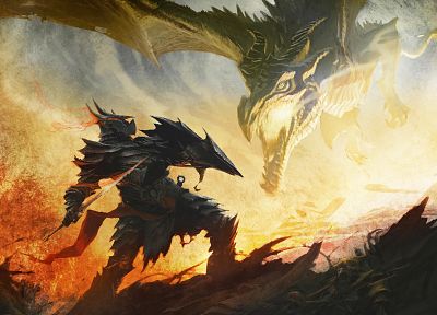 wings, dragons, fire, fantasy art, armor, artwork, warriors, swords, The Elder Scrolls V: Skyrim, games - related desktop wallpaper