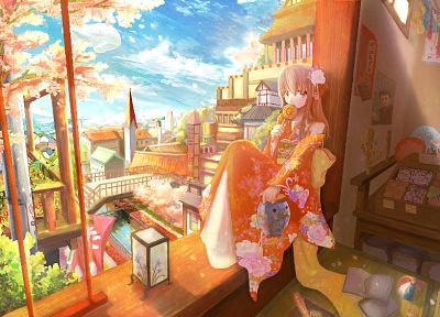 cherry blossoms, room, scenic, Kariya Kyou, Japanese clothes, anime girls, cities, skies - desktop wallpaper