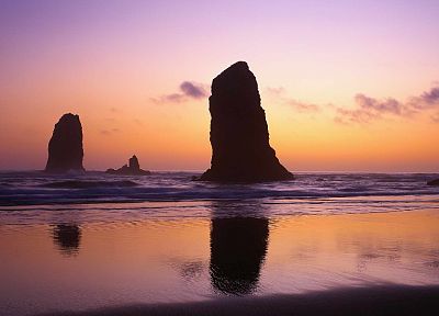 water, sunset, ocean, landscapes, coast, rocks, beaches - desktop wallpaper