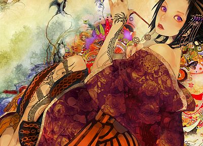 tattoos, geisha, purple eyes, Japanese clothes, black hair, bare shoulders - random desktop wallpaper