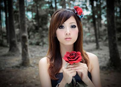 brunettes, women, trees, Asians, Taiwan, roses, Mikako Zhang Kaijie - related desktop wallpaper