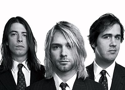 grunge, long hair, Nirvana, Dave Grohl, Kurt Cobain, grayscale, Krist Novoselic - random desktop wallpaper