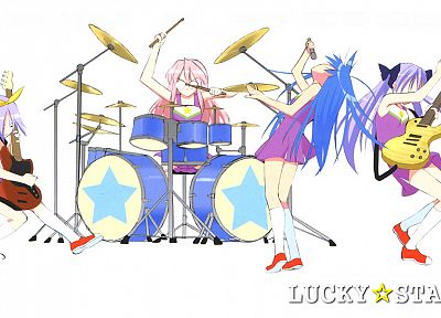 Lucky Star, Hiiragi Tsukasa, Takara Miyuki, bands, simple background, Izumi Konata, knee socks - random desktop wallpaper