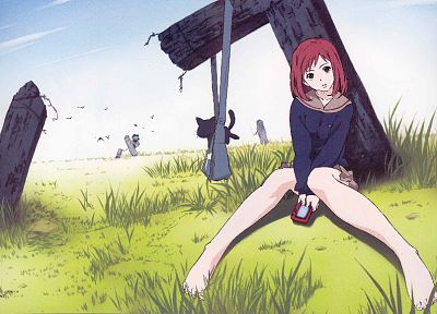 redheads, FLCL Fooly Cooly, grass, school uniforms, Canti, red eyes, sitting, anime, anime girls, sailor uniforms, Samejima Mamimi - related desktop wallpaper