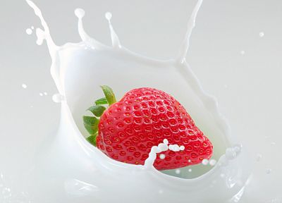 fruits, milk, strawberries, white background - desktop wallpaper