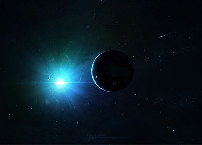 Sun, outer space, stars, planets, point, spaceships - desktop wallpaper