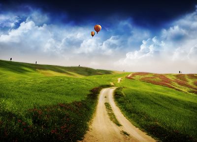 clouds, landscapes, roads, hot air balloons - random desktop wallpaper