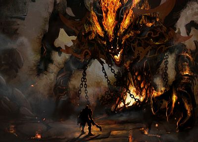 monsters, knights, fire, demons, Hell, boss, fantasy art, colossus, artwork, templar - related desktop wallpaper