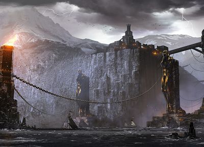 fantasy, video games, castles, ships, Dragon Age, artwork, Dragon Age 2, chains, lightning - random desktop wallpaper