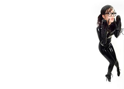 brunettes, women, latex, glasses, catsuits, simple background, latex catsuit, ballet boots, white background, girls with glasses - related desktop wallpaper