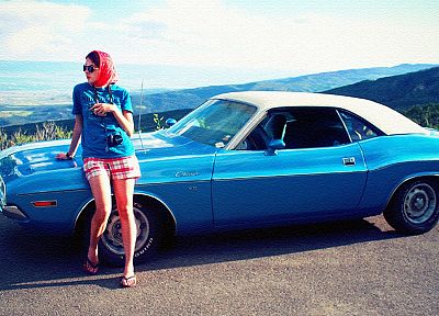 women, cars, pinups, Dodge Challenger - random desktop wallpaper