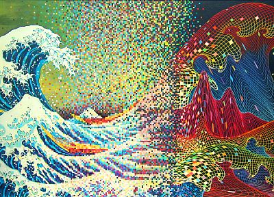 pixels, The Great Wave off Kanagawa - random desktop wallpaper