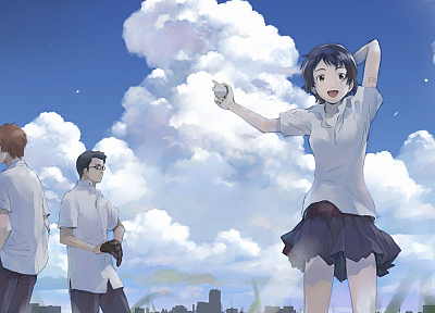 school uniforms, skirts, glasses, The Girl Who Leapt Through Time, skyscapes, Konno Makoto, Chiaki Mamiya, Kosuke Tsuda, anime girls - related desktop wallpaper