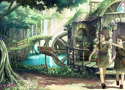 nature, woods, elves, anime, butterflies, mills - duplicate desktop wallpaper