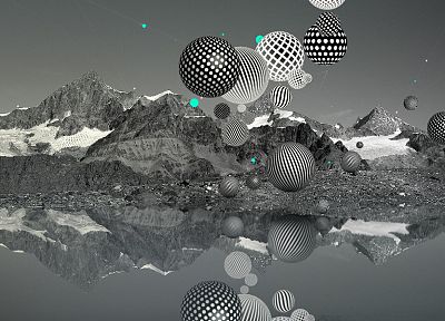 mountains, spheres, lakes, selective coloring, Desktopography, 3D, reflections - random desktop wallpaper
