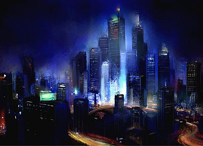 cityscapes, night, skyscrapers, artwork, Philip Straub - desktop wallpaper