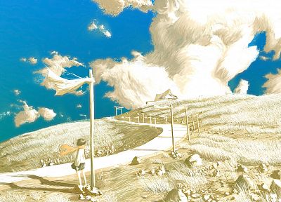 clouds, landscapes, roads, artwork, anime girls - desktop wallpaper