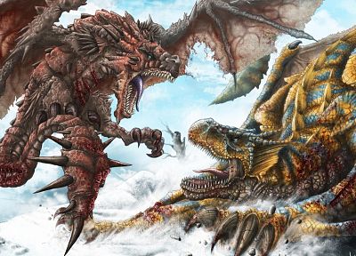wings, dragons, blood, Monster Hunter, fantasy art, battles, artwork, Tigrex, Rathalos - related desktop wallpaper