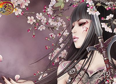 brunettes, tattoos, flowers, anime, spears, flower petals, anime girls - related desktop wallpaper
