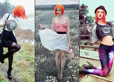 women, smoking, skirts, outdoors, leggings, pantyhose, high heels, standing, Aleksandra Wydrych, polka dots, kneeling, orange hair - random desktop wallpaper