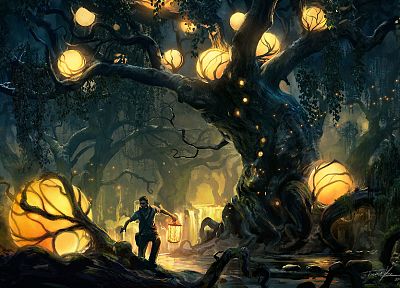 trees, lights, forests, fantasy art - desktop wallpaper