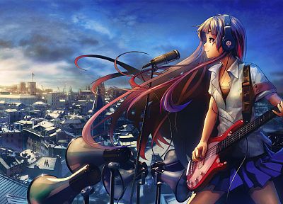 headphones, skirts, long hair, red eyes, guitars, soft shading, anime girls, microphones, Beats Audio, original characters - desktop wallpaper