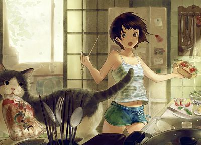 brunettes, women, cats, black eyes, short hair, anime girls, original characters - related desktop wallpaper