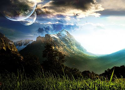 mountains, clouds, landscapes, planets, grass - related desktop wallpaper