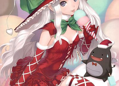 video games, Tony Taka, gloves, dress, ice cream, long hair, tongue, Christmas, thigh highs, red dress, hearts, white hair, purple eyes, Christmas outfits, popsicles, Shining Hearts, vertical, hats, anime girls, witches, Melty, Sorbe, Shining World, Shini - related desktop wallpaper