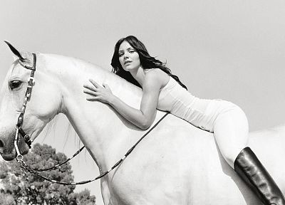 women, dress, white, horses, grayscale, monochrome, girls with horses - random desktop wallpaper