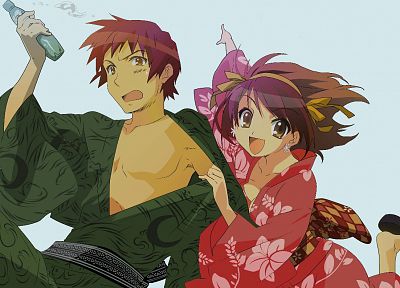 The Melancholy of Haruhi Suzumiya, Kyon, anime, Japanese clothes, Suzumiya Haruhi - duplicate desktop wallpaper