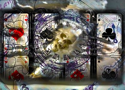 skulls, playing cards, game - related desktop wallpaper