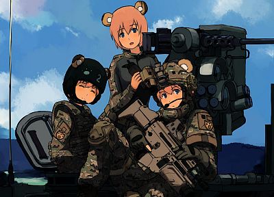 military, blue eyes, weapons, animal ears, assault rifle, anime girls, SCAR-H - desktop wallpaper