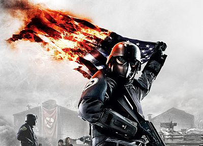 soldiers, video games, fire, helmet, flags, Homefront - random desktop wallpaper