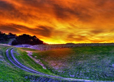 sunset, clouds, landscapes, grass, hills, skyscapes - random desktop wallpaper