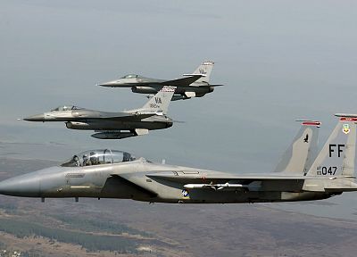 war, airplanes, F-15 Eagle, F-16 Fighting Falcon - desktop wallpaper