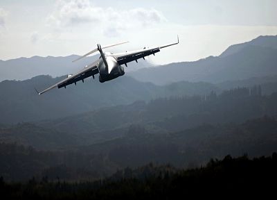 aircraft, hills, mist, vehicles, C-17 Globemaster - random desktop wallpaper