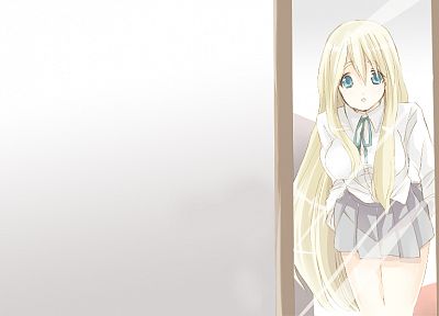 blondes, K-ON!, mirrors, blue eyes, skirts, Kotobuki Tsumugi, open mouth, anime - desktop wallpaper