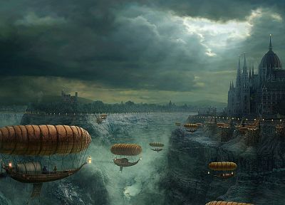 castles, steampunk, fantasy art, vehicles, airship - related desktop wallpaper