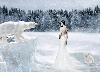 trees, snowflakes, white dress, polar bears - random desktop wallpaper