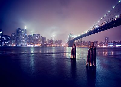 landscapes, cityscapes, night, bridges, buildings, Brooklyn Bridge - related desktop wallpaper