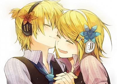 headphones, blondes, Vocaloid, tie, Kagamine Rin, Kagamine Len, smiling, anime boys, anime girls - random desktop wallpaper
