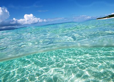 water, blue, ocean, clouds, Sun, waves, split-view, sea - desktop wallpaper