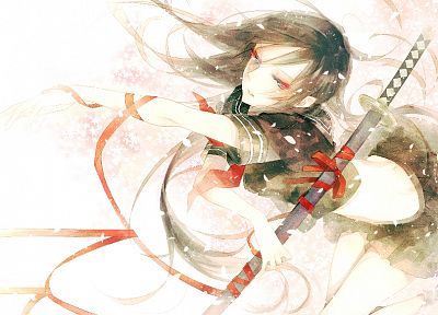 katana, school uniforms, ribbons, weapons, blossoms, seifuku, artwork, anime, flower petals, anime girls, swords - desktop wallpaper