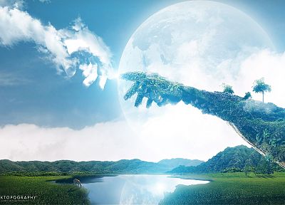 abstract, landscapes, planets, hills, fantasy art, antelope, lakes, Desktopography, reaching out, arms - related desktop wallpaper