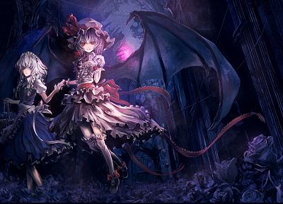Touhou, wings, dress, flowers, Izayoi Sakuya, vampires, red eyes, Remilia Scarlet, anime girls, Archlich - random desktop wallpaper