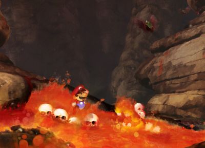 Mario, lava, Super Mario Bros., watercolor - random desktop wallpaper