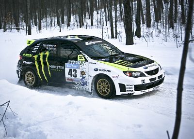 snow, trees, cars, rally, Subaru Impreza WRC, racing - related desktop wallpaper